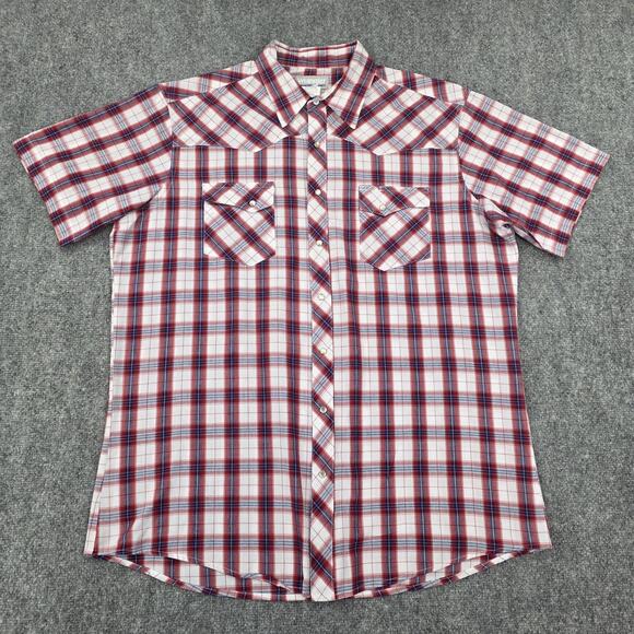 Wrangler Wrancher Shirt Mens XLT Red White Blue Plaid Pearl Snap Western Rodeo - Picture 2 of 15